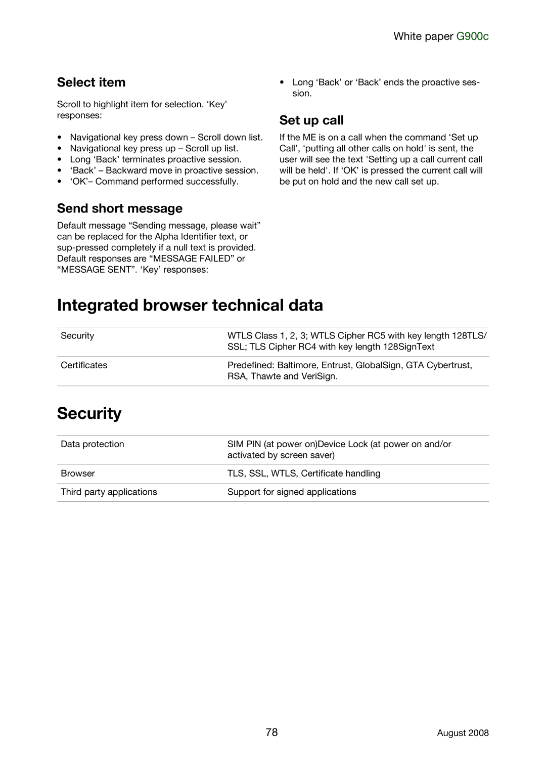 Sony Ericsson G900C manual Integrated browser technical data, Security, Select item, Set up call, Send short message 