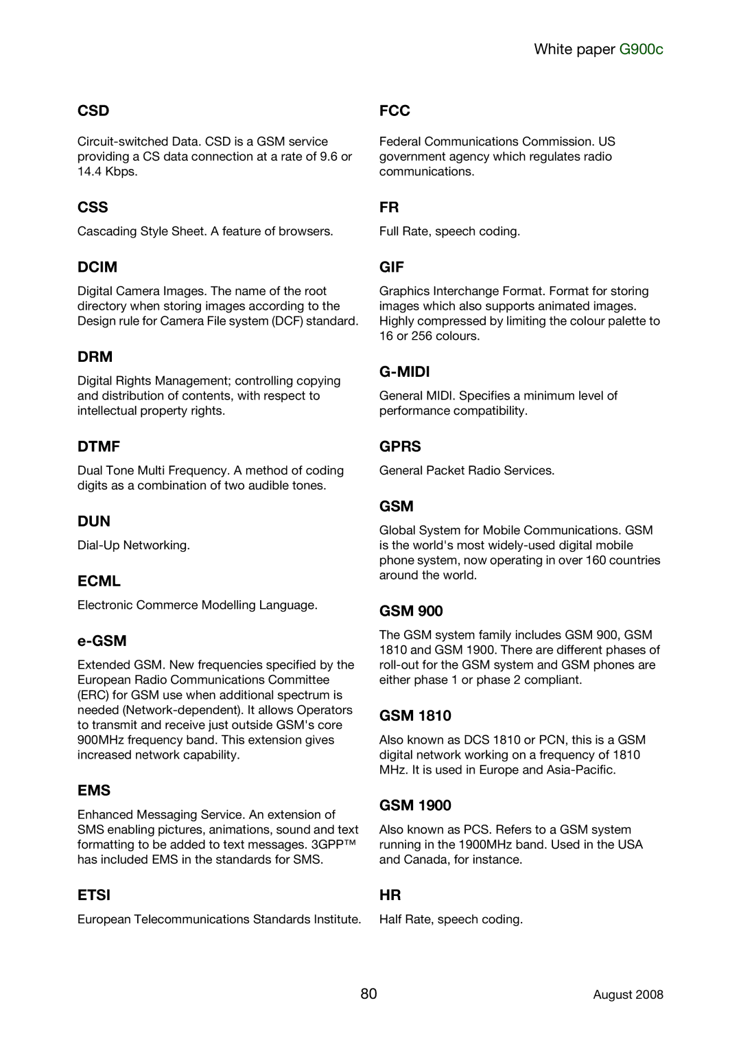 Sony Ericsson G900C manual Csd, Gsm 