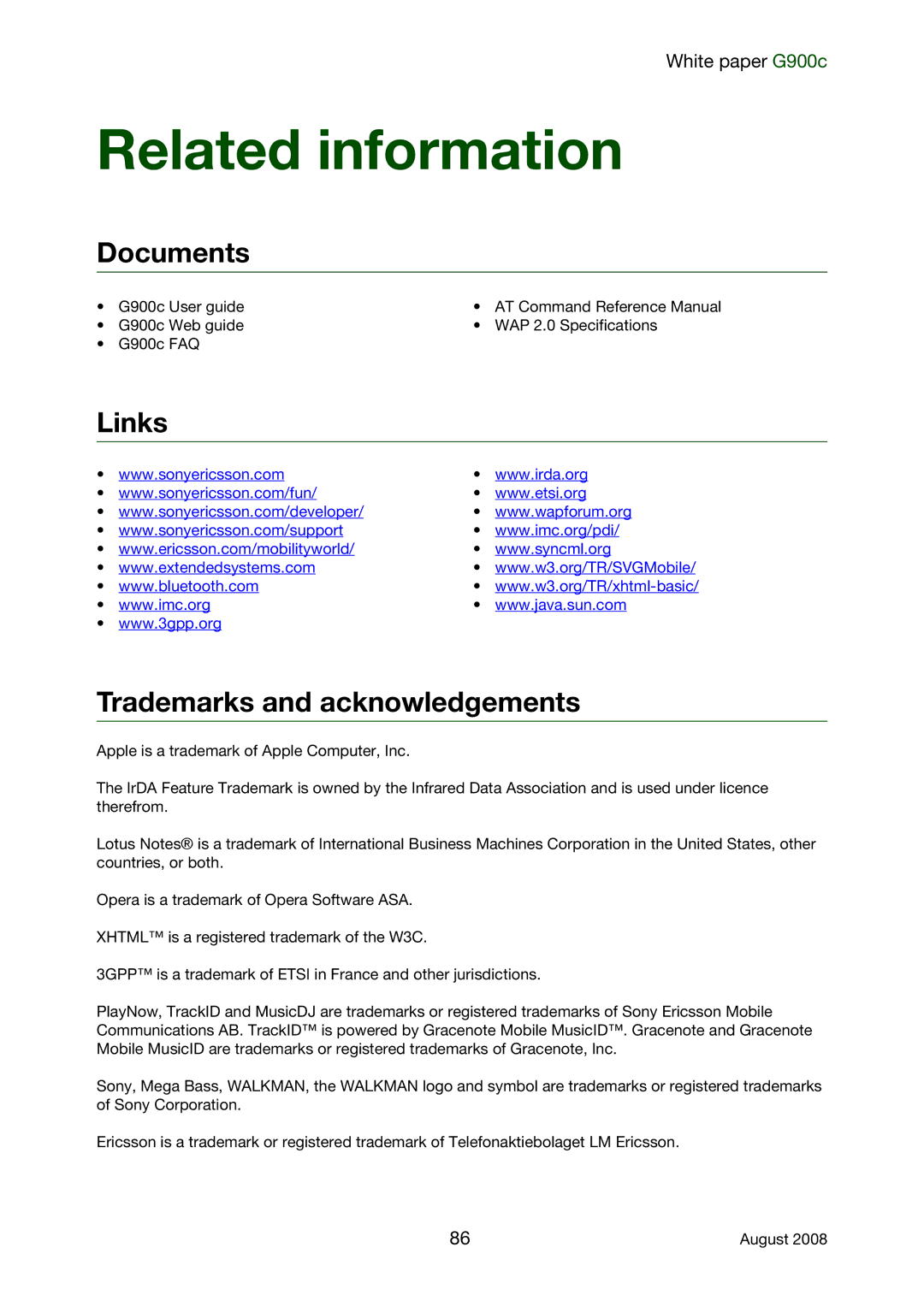 Sony Ericsson G900C manual Documents, Links Trademarks and acknowledgements 