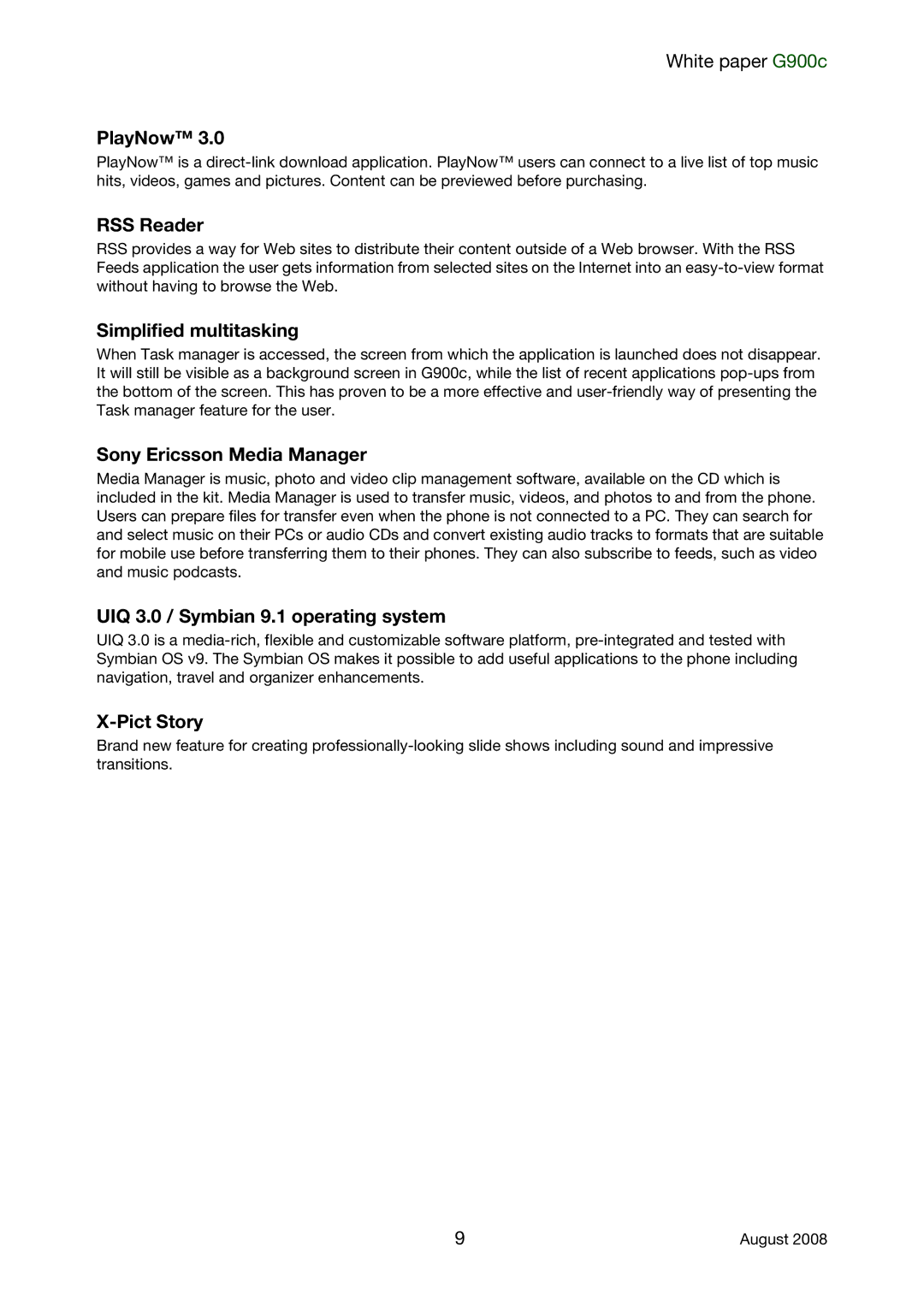 Sony Ericsson G900C manual PlayNow, RSS Reader, Simplified multitasking, Sony Ericsson Media Manager, Pict Story 