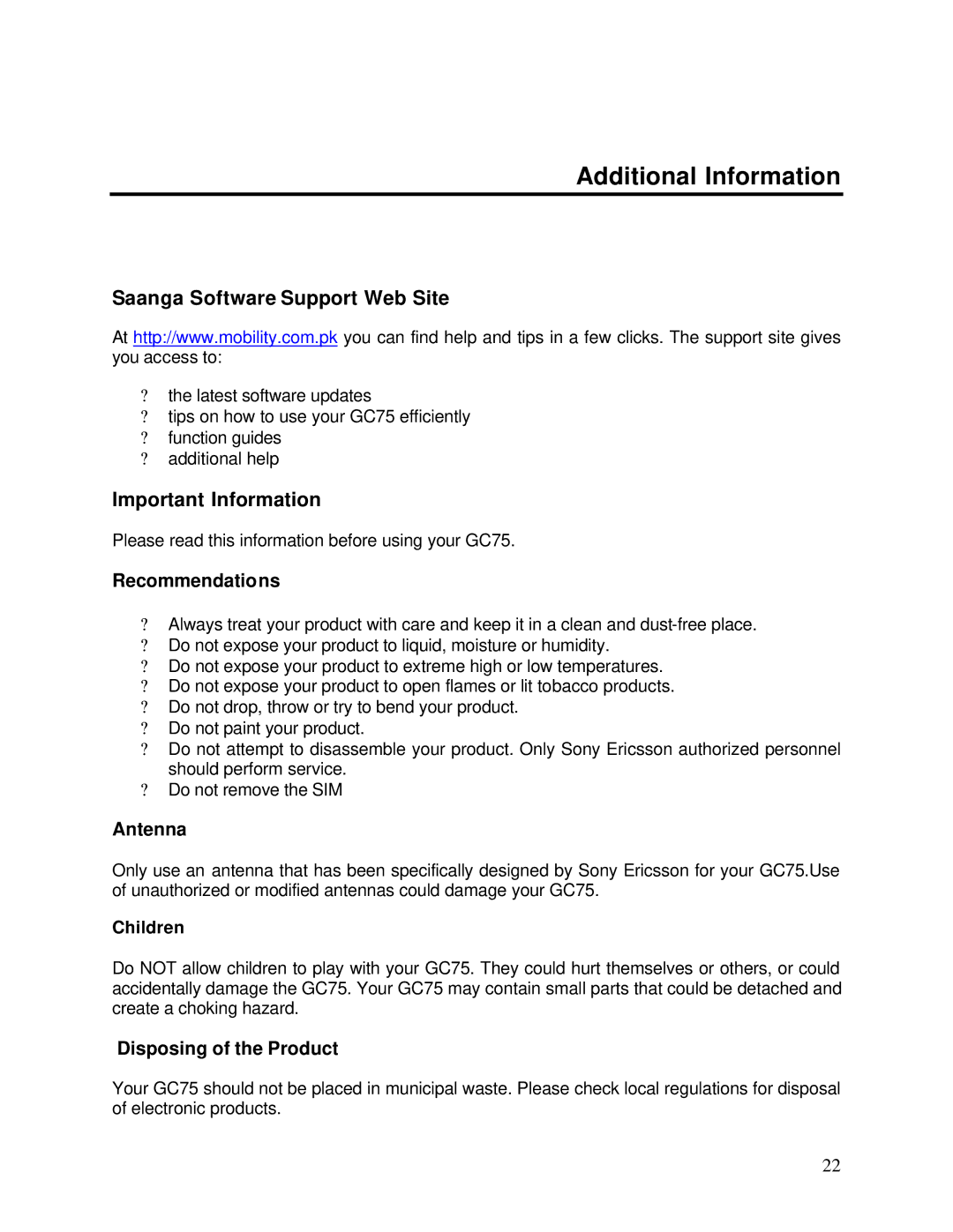 Sony Ericsson GC75 manual Additional Information, Saanga Software Support Web Site, Important Information 