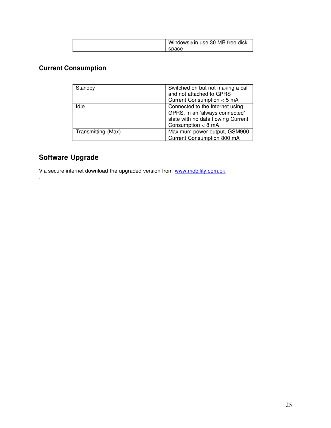 Sony Ericsson GC75 manual Software Upgrade, Current Consumption 