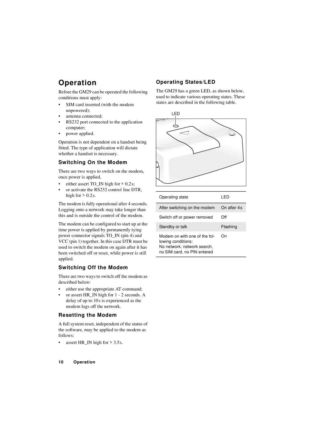 Sony Ericsson GM29 Operation, Switching On the Modem, Switching Off the Modem, Resetting the Modem, Operating States/LED 