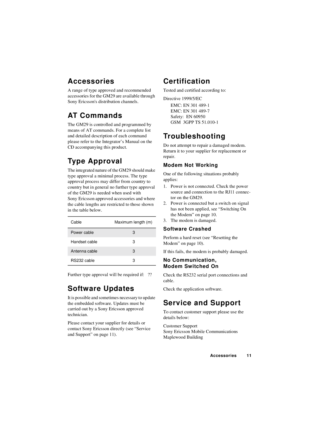 Sony Ericsson GM29 manual Accessories, AT Commands, Type Approval, Software Updates, Certification, Troubleshooting 