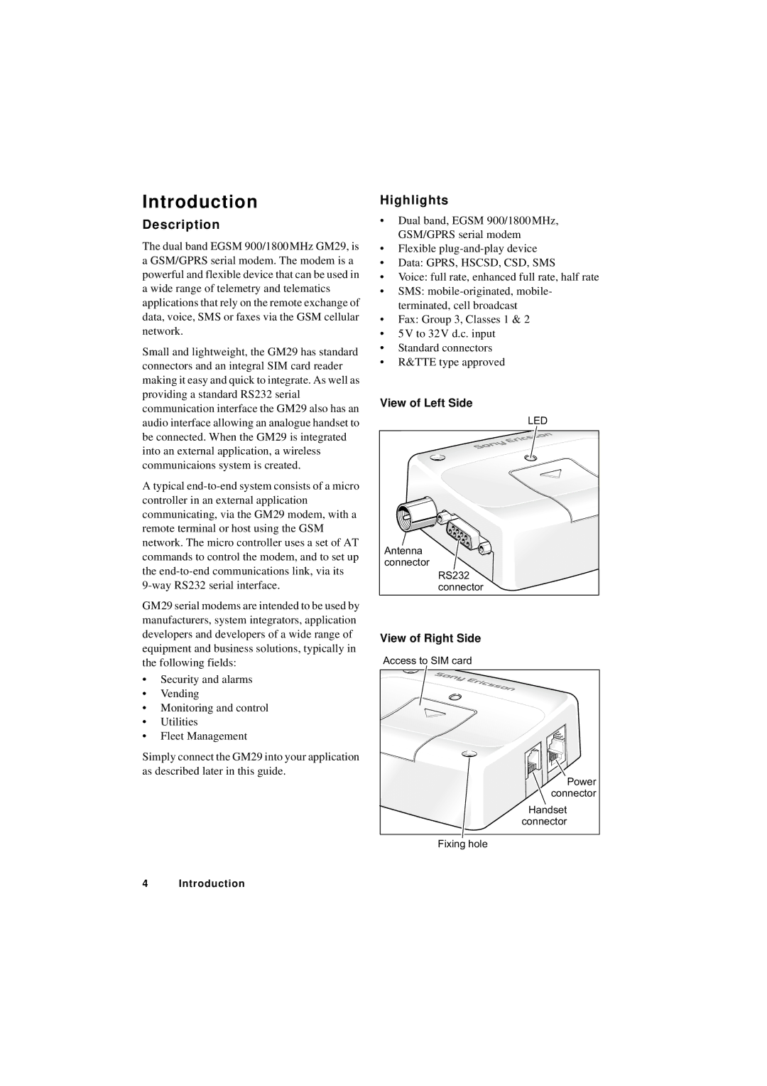 Sony Ericsson GM29 manual Introduction, Description, Highlights 