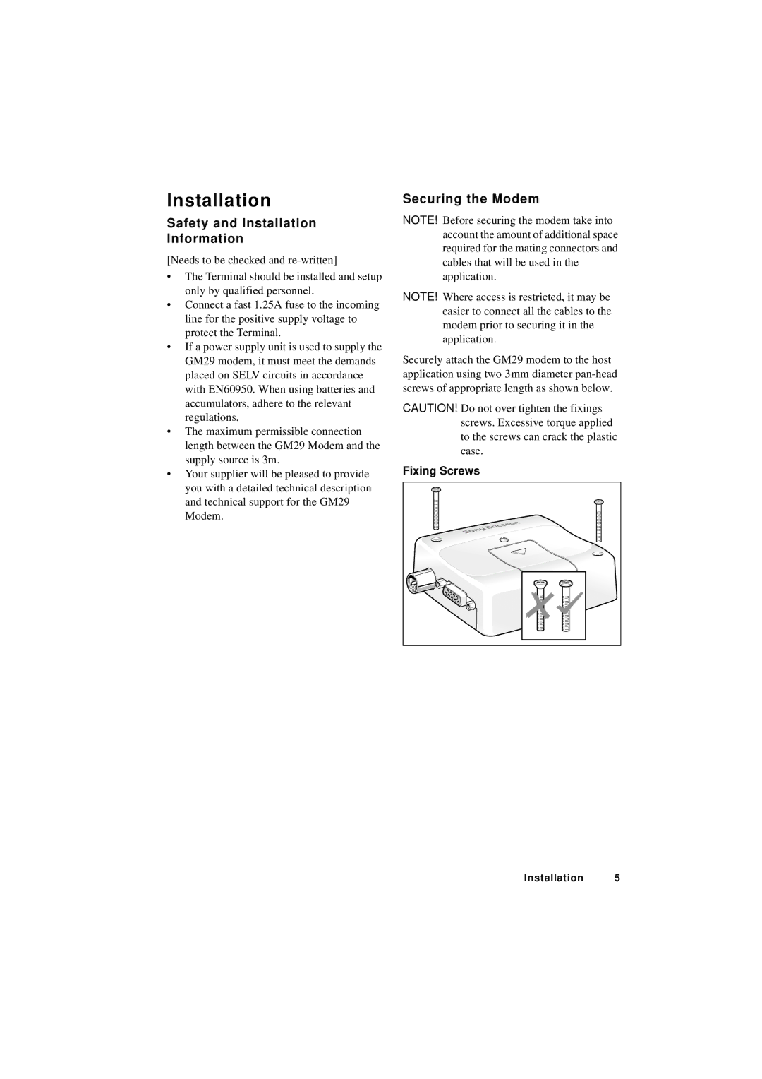 Sony Ericsson GM29 manual Safety and Installation Information, Securing the Modem 