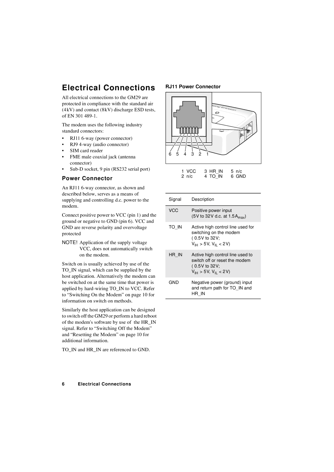 Sony Ericsson GM29 manual Electrical Connections, Power Connector 