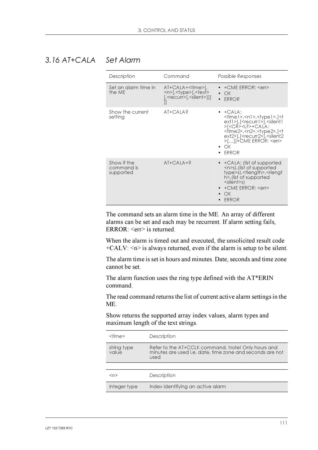 Sony Ericsson GM47, GM48 manual 16 AT+CALA Set Alarm, At+Cala?, At+Cala=? 