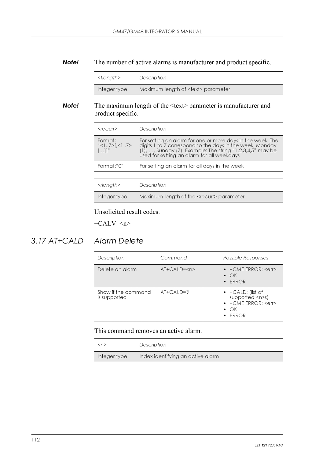 Sony Ericsson GM48, GM47 17 AT+CALD Alarm Delete, Unsolicited result codes +CALV n, This command removes an active alarm 