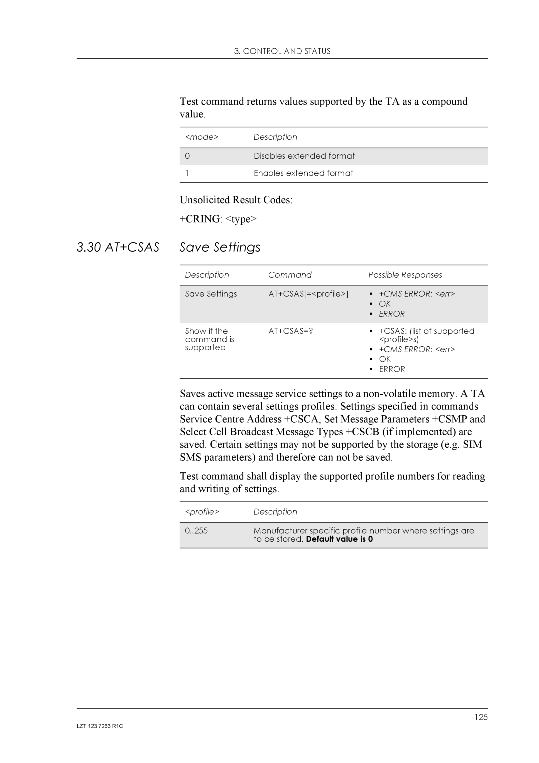 Sony Ericsson GM47, GM48 manual 30 AT+CSAS Save Settings, Unsolicited Result Codes +CRING type, At+Csas=? 