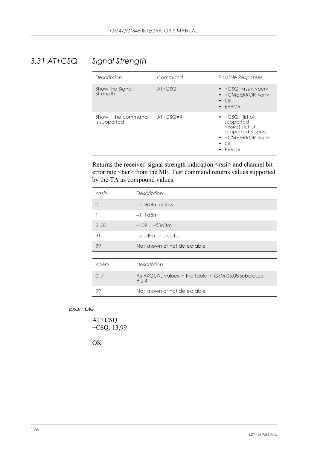 Sony Ericsson GM48, GM47 manual 31 AT+CSQ Signal Strength, AT+CSQ +CSQ 13,99, At+Csq=? 