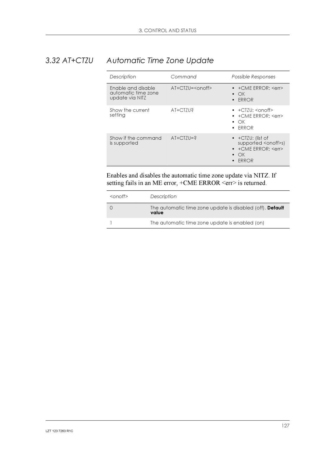 Sony Ericsson GM47, GM48 32 AT+CTZU Automatic Time Zone Update, Setting fails in an ME error, +CME Error err is returned 