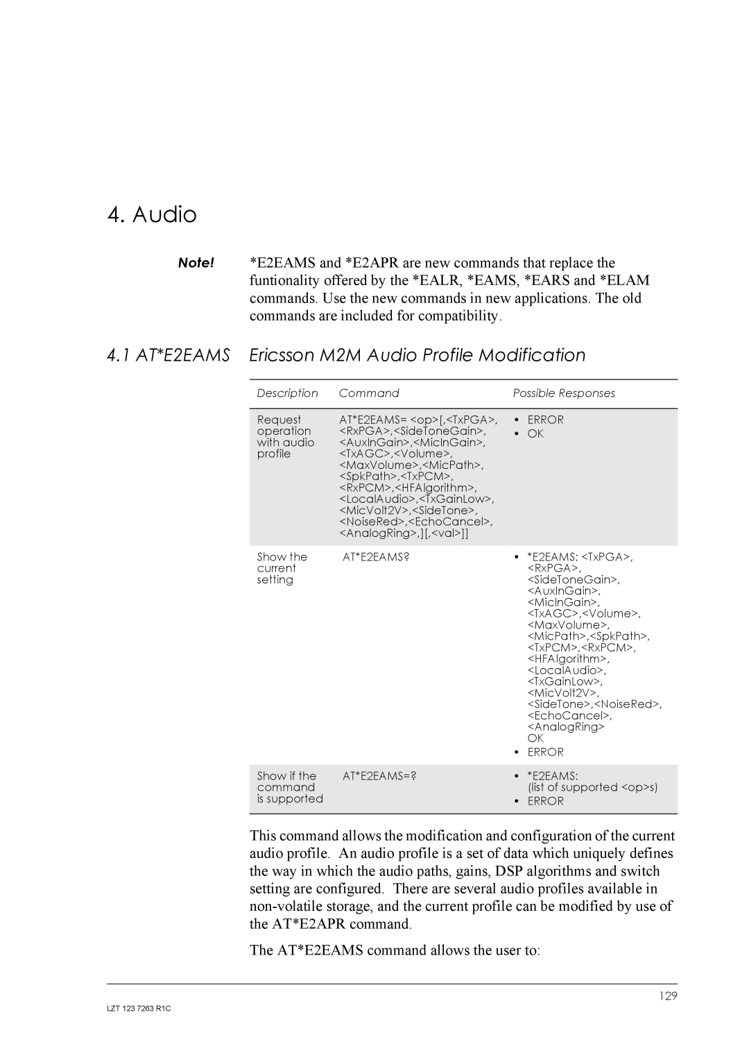 Sony Ericsson GM47, GM48 manual AT*E2EAMS Ericsson M2M Audio Profile Modification, AT*E2EAMS?, AT*E2EAMS=? 