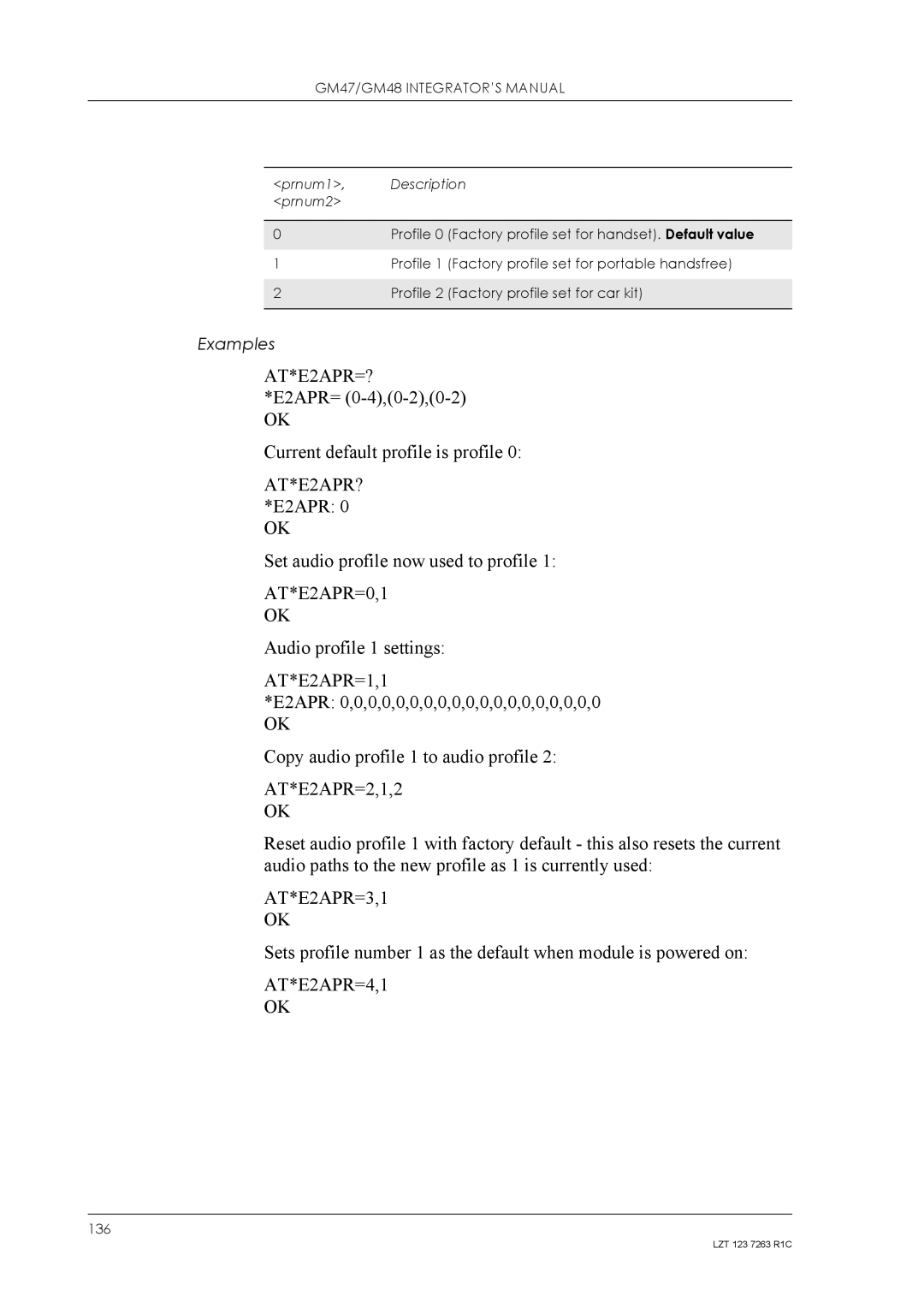 Sony Ericsson GM48, GM47 manual E2APR= 0-4,0-2,0-2 Current default profile is profile, AT*E2APR? *E2APR 