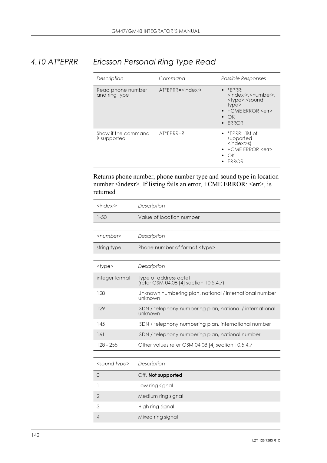 Sony Ericsson GM48, GM47 manual 10 AT*EPRR Ericsson Personal Ring Type Read, At*Eprr=? 