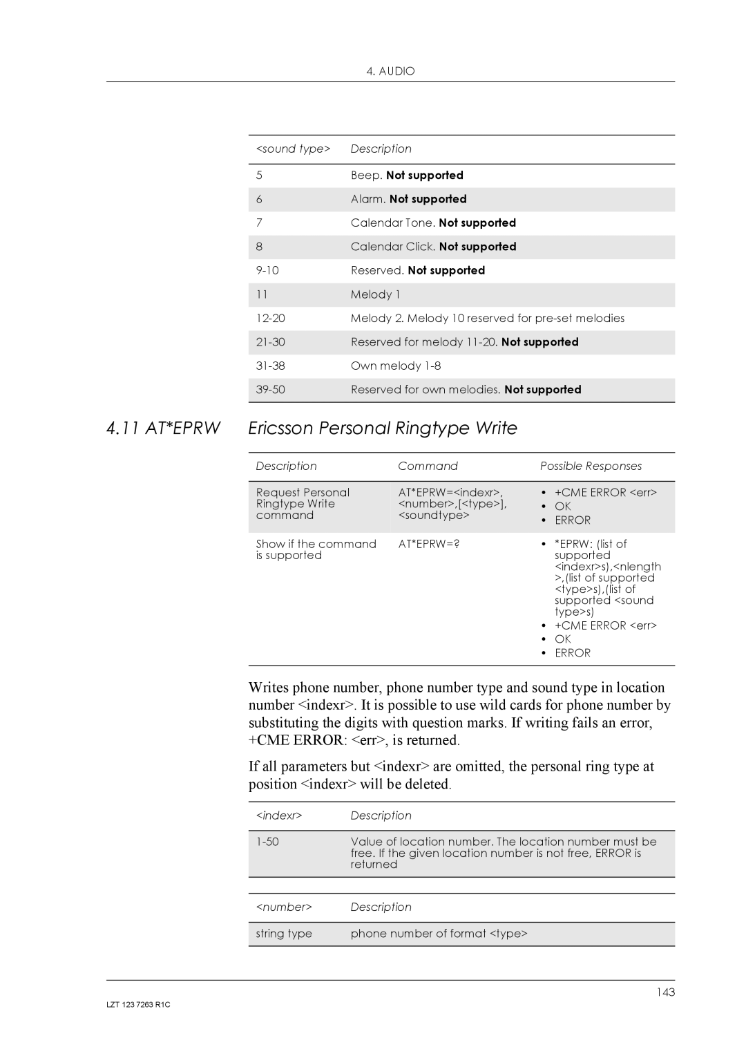 Sony Ericsson GM47, GM48 manual 11 AT*EPRW Ericsson Personal Ringtype Write, Reserved. Not supported 