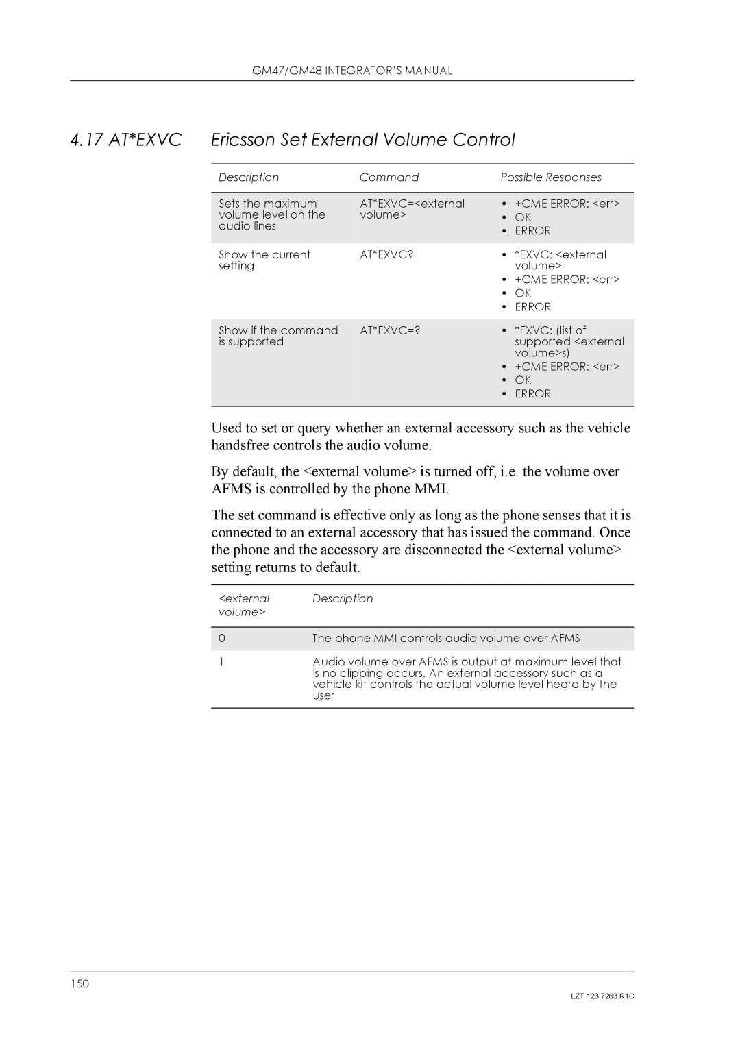 Sony Ericsson GM48, GM47 manual 17 AT*EXVC, At*Exvc?, At*Exvc=? 