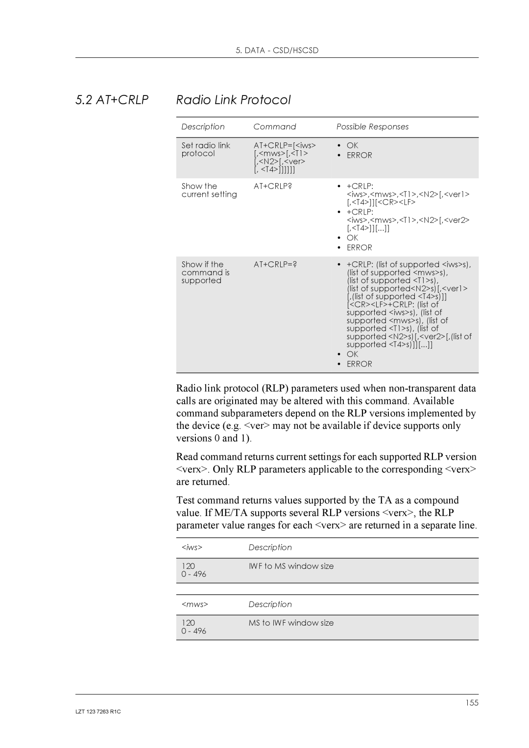 Sony Ericsson GM47, GM48 manual Radio Link Protocol, At+Crlp?, At+Crlp=? 