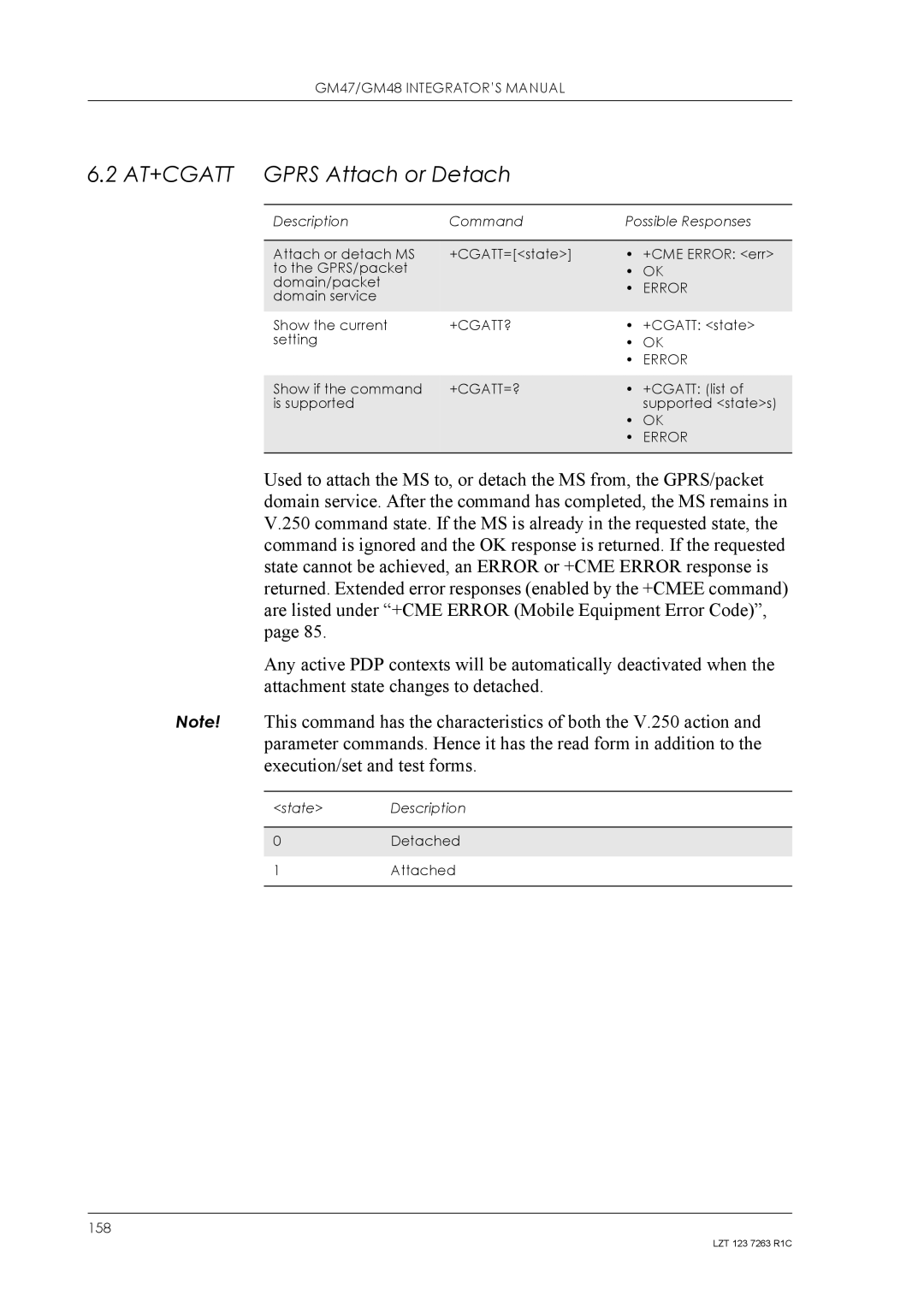 Sony Ericsson GM48, GM47 manual AT+CGATT Gprs Attach or Detach, +Cgatt?, +Cgatt=? 