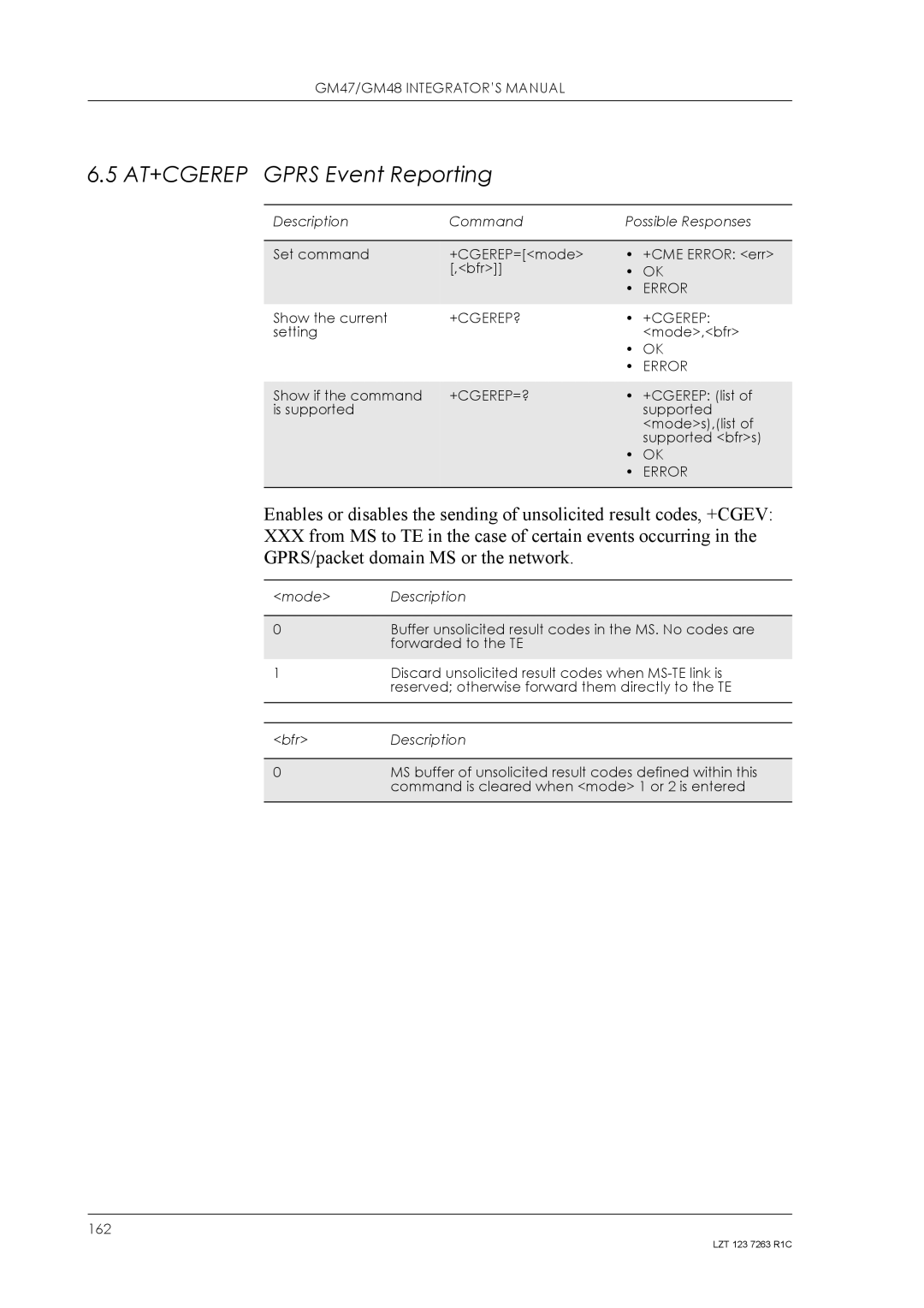 Sony Ericsson GM48, GM47 manual AT+CGEREP Gprs Event Reporting, +Cgerep?, +Cgerep=? 