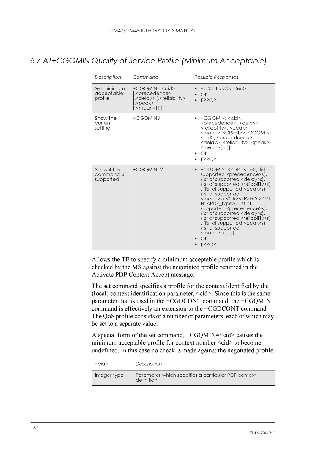 Sony Ericsson GM48, GM47 manual AT+CGQMIN Quality of Service Profile Minimum Acceptable, +Cgqmin?, +Cgqmin=? 