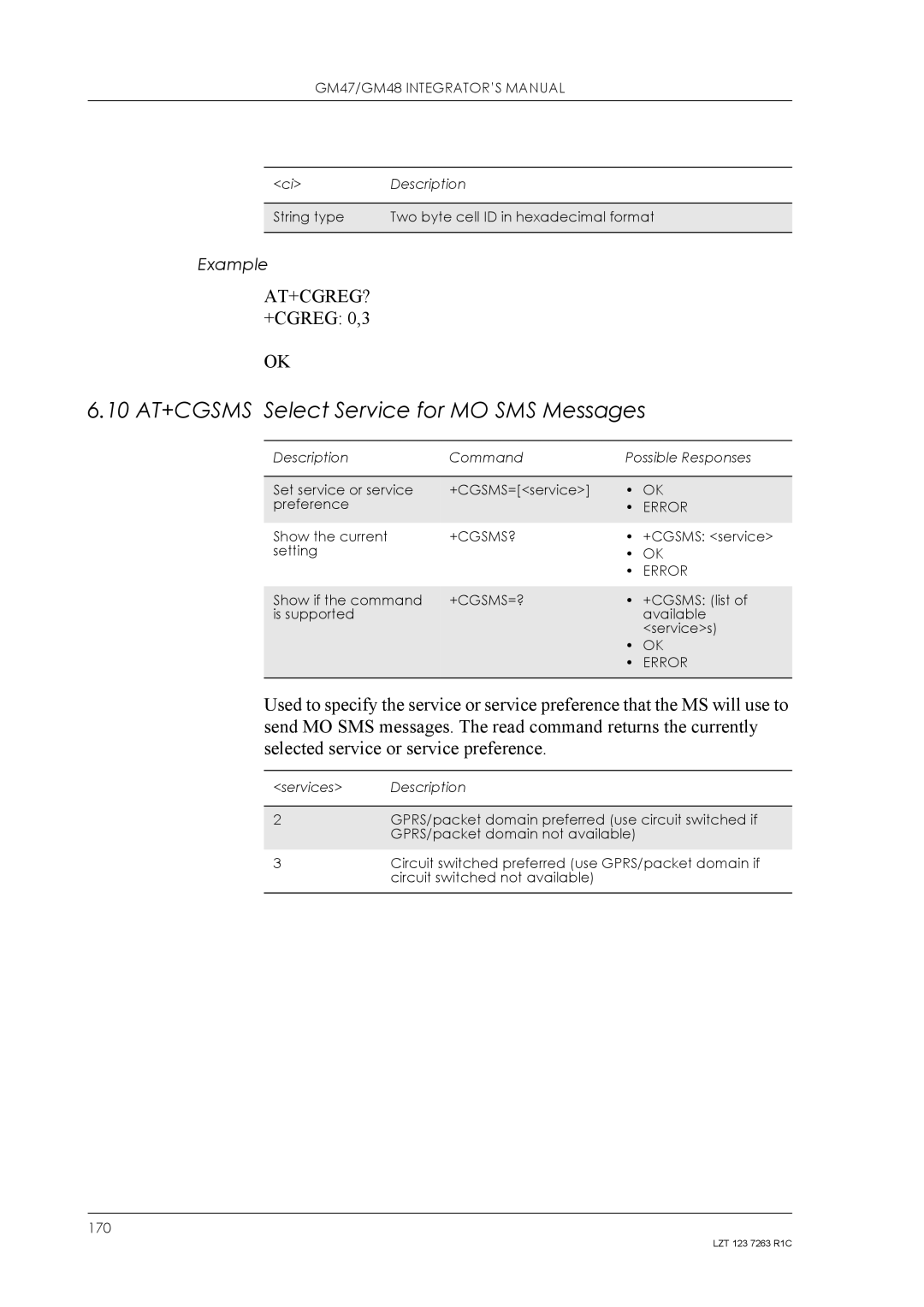 Sony Ericsson GM48, GM47 manual 10 AT+CGSMS Select Service for MO SMS Messages, +Cgsms?, +Cgsms=? 