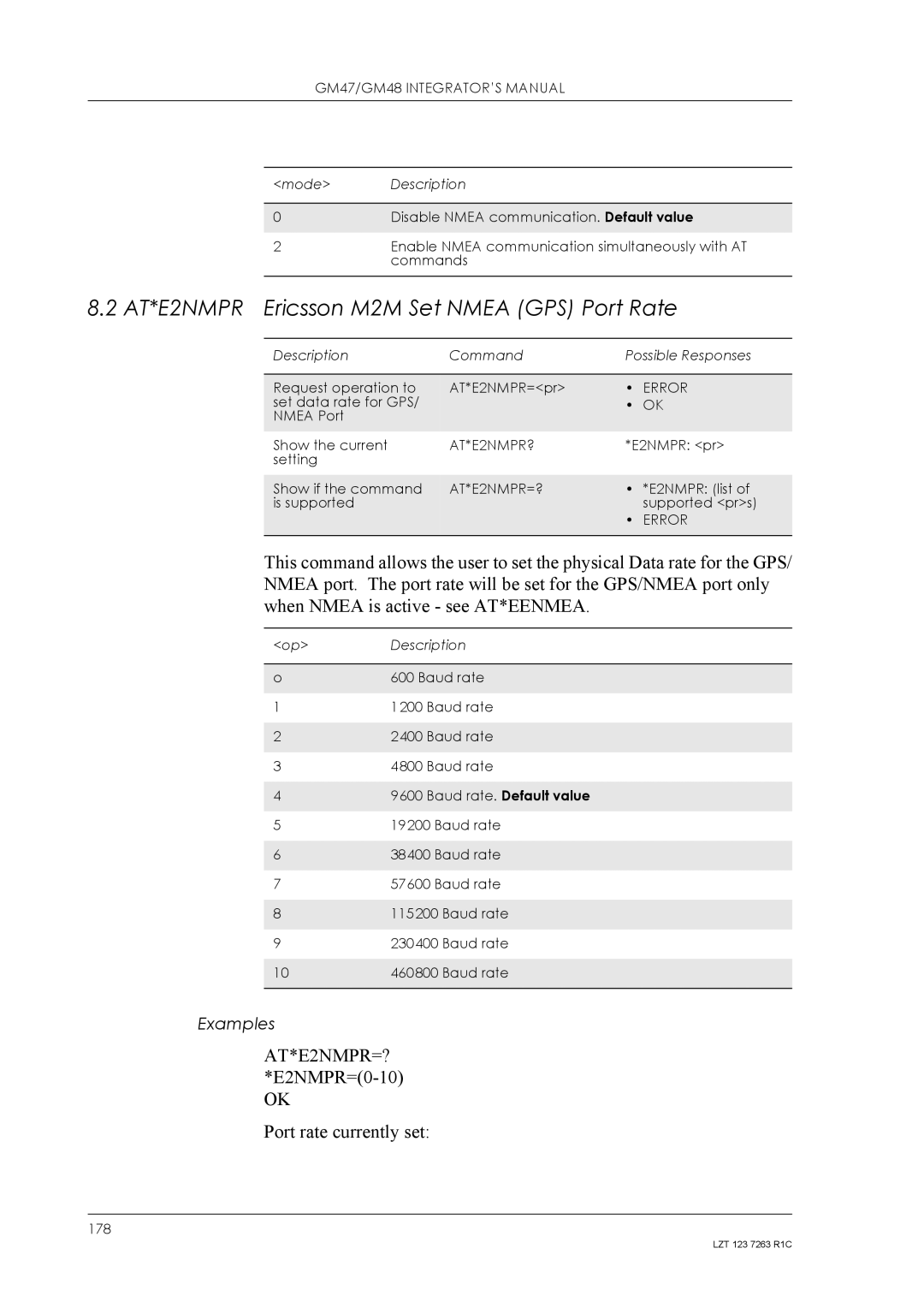 Sony Ericsson GM48, GM47 AT*E2NMPR Ericsson M2M Set Nmea GPS Port Rate, AT*E2NMPR=? *E2NMPR=0-10 Port rate currently set 