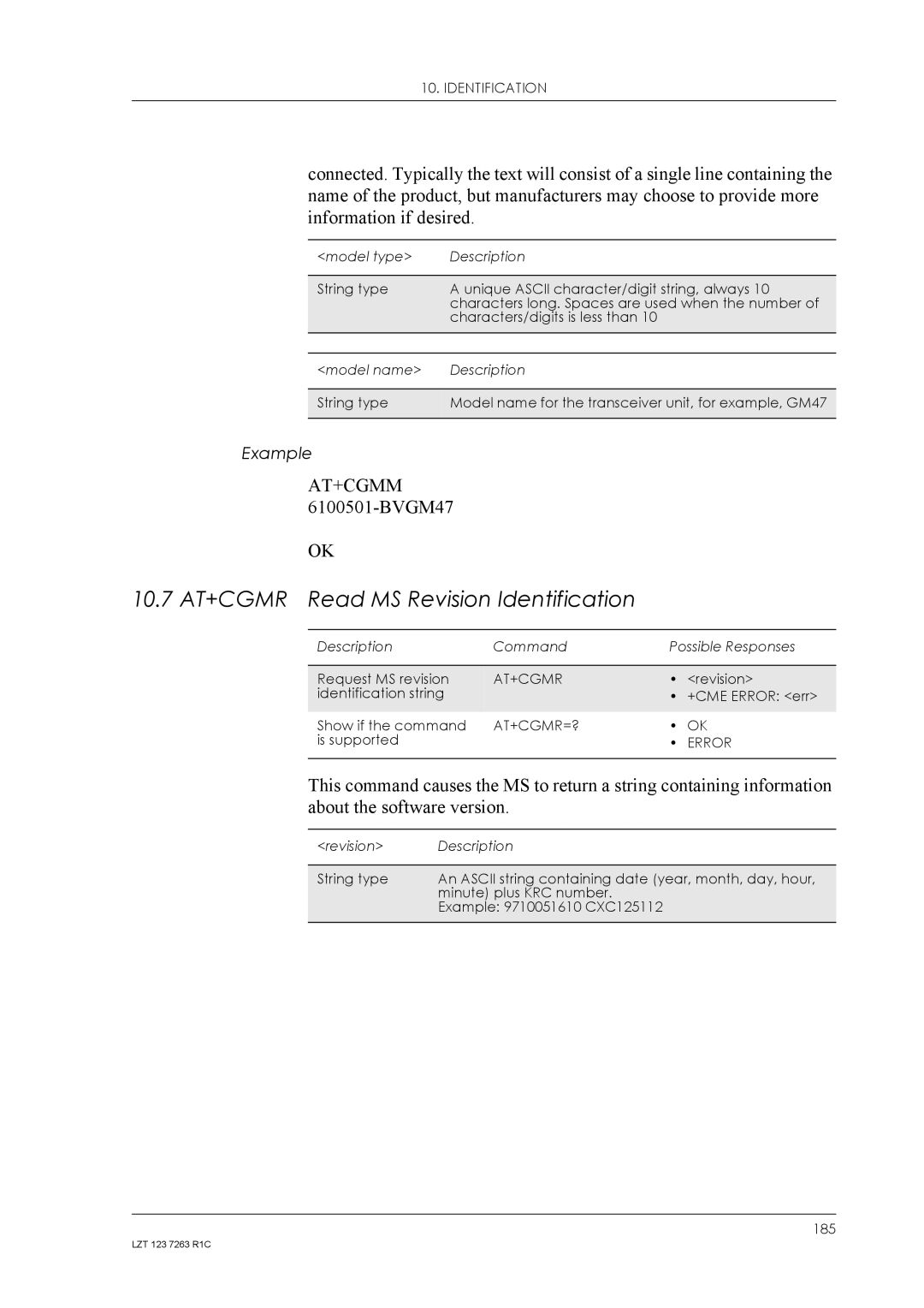 Sony Ericsson GM48 10.7 AT+CGMR Read MS Revision Identification, BVGM47, About the software version, At+Cgmr=? 