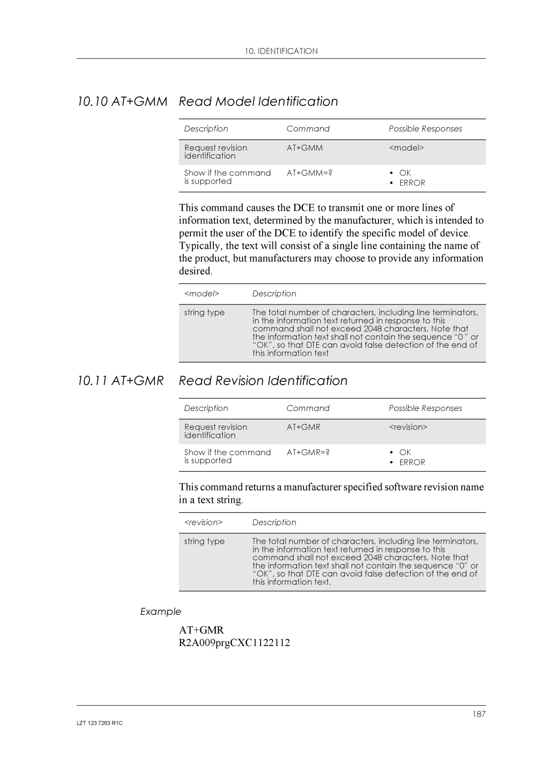 Sony Ericsson GM47 10.10 AT+GMM Read Model Identification, 10.11 AT+GMR Read Revision Identification, R2A009prgCXC1122112 