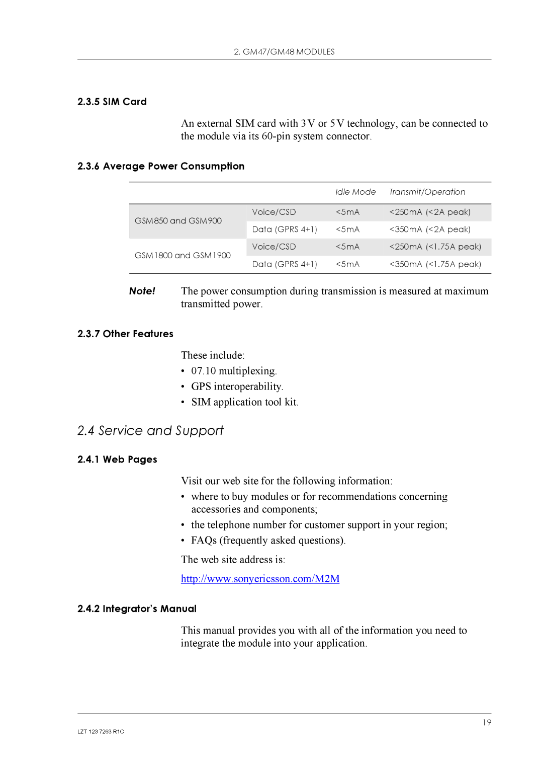 Sony Ericsson GM47, GM48 manual Service and Support, Average Power Consumption 