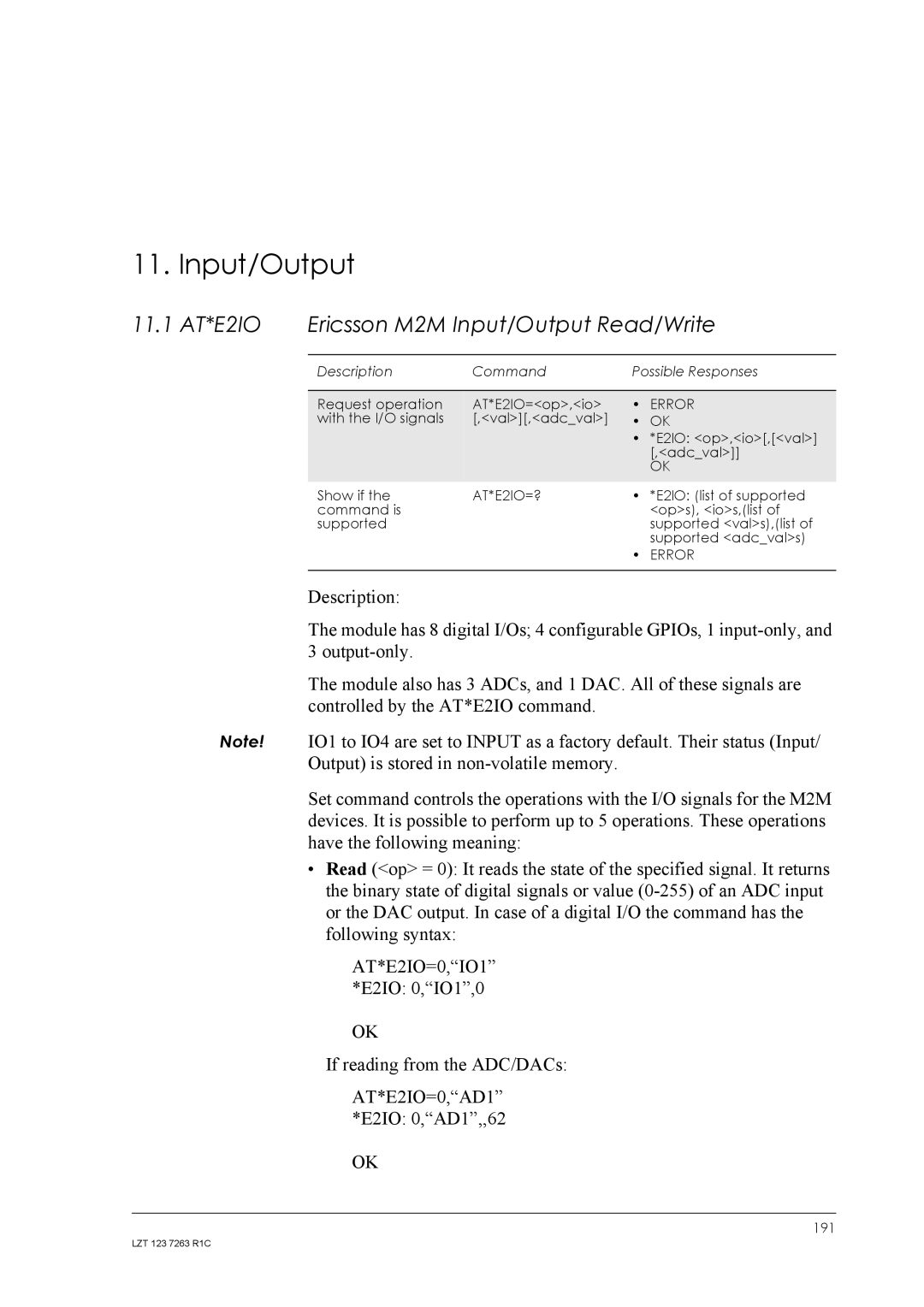 Sony Ericsson GM47, GM48 manual 11.1 AT*E2IO Ericsson M2M Input/Output Read/Write, AT*E2IO=? 