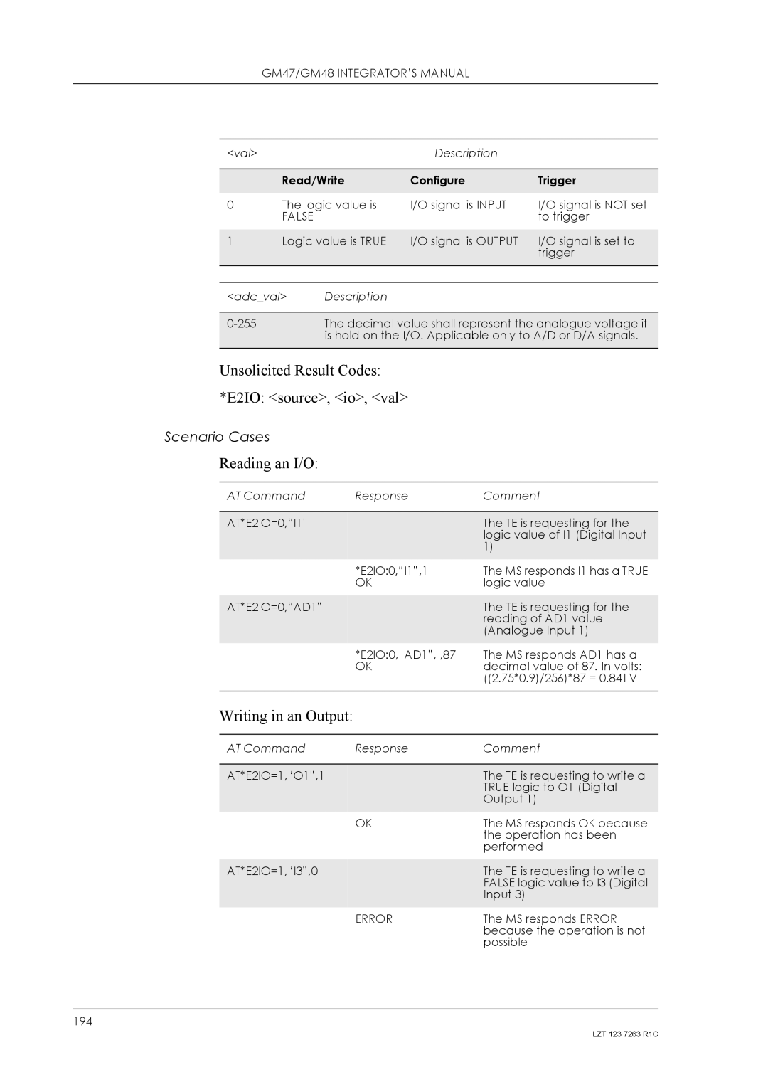 Sony Ericsson GM48, GM47 manual Unsolicited Result Codes *E2IO source, io, val, Reading an I/O, Writing in an Output, False 