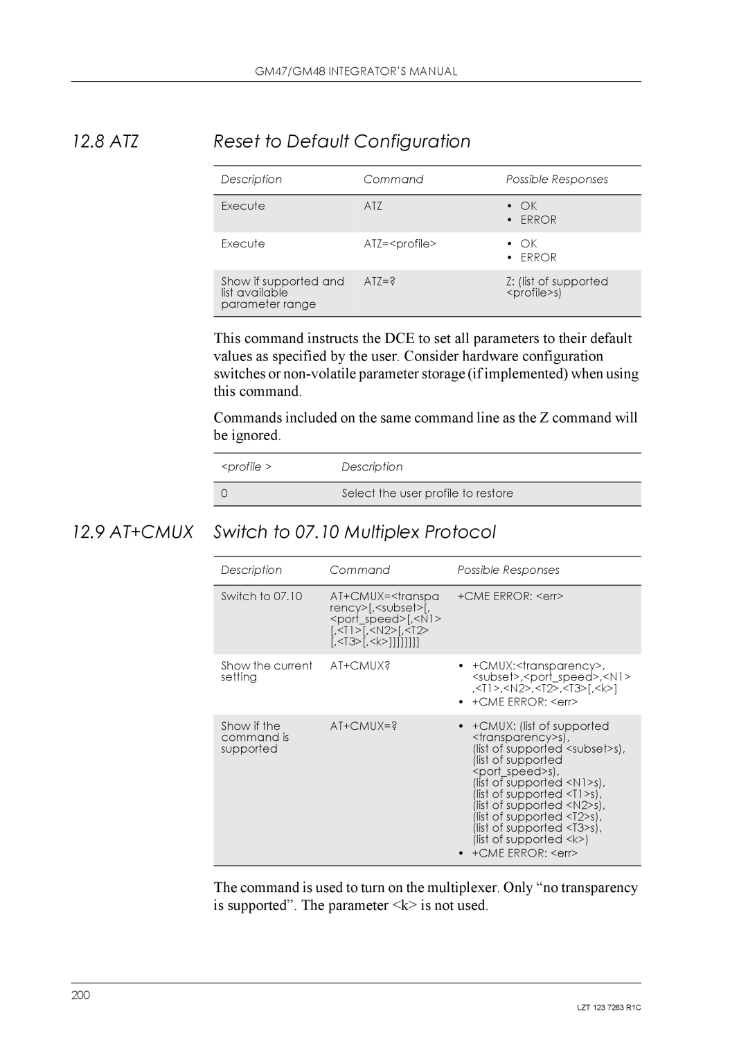 Sony Ericsson GM48, GM47 manual ATZ Reset to Default Configuration, 12.9 AT+CMUX Switch to 07.10 Multiplex Protocol 