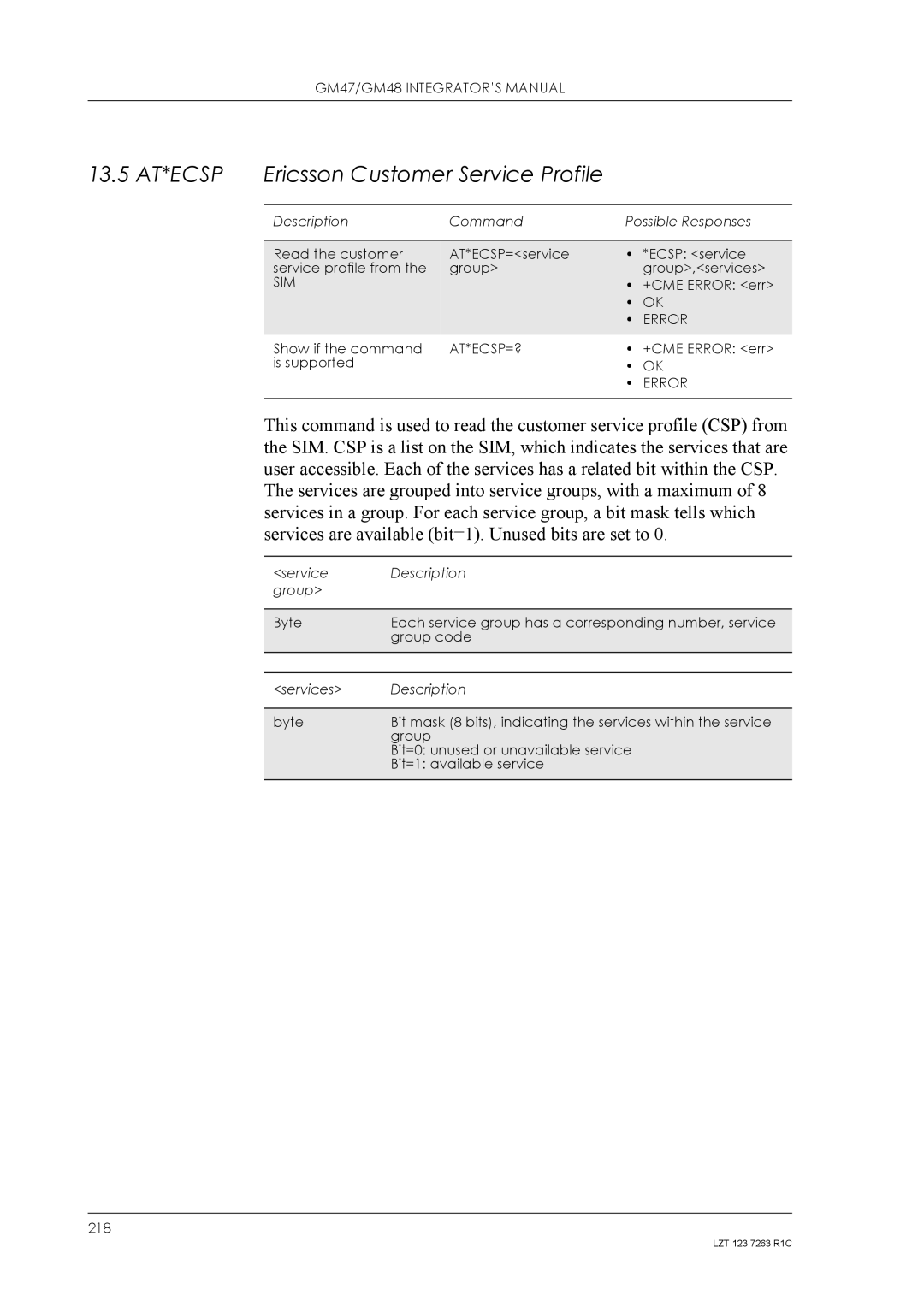 Sony Ericsson GM48, GM47 manual 13.5 AT*ECSP Ericsson Customer Service Profile, Sim, At*Ecsp=? 