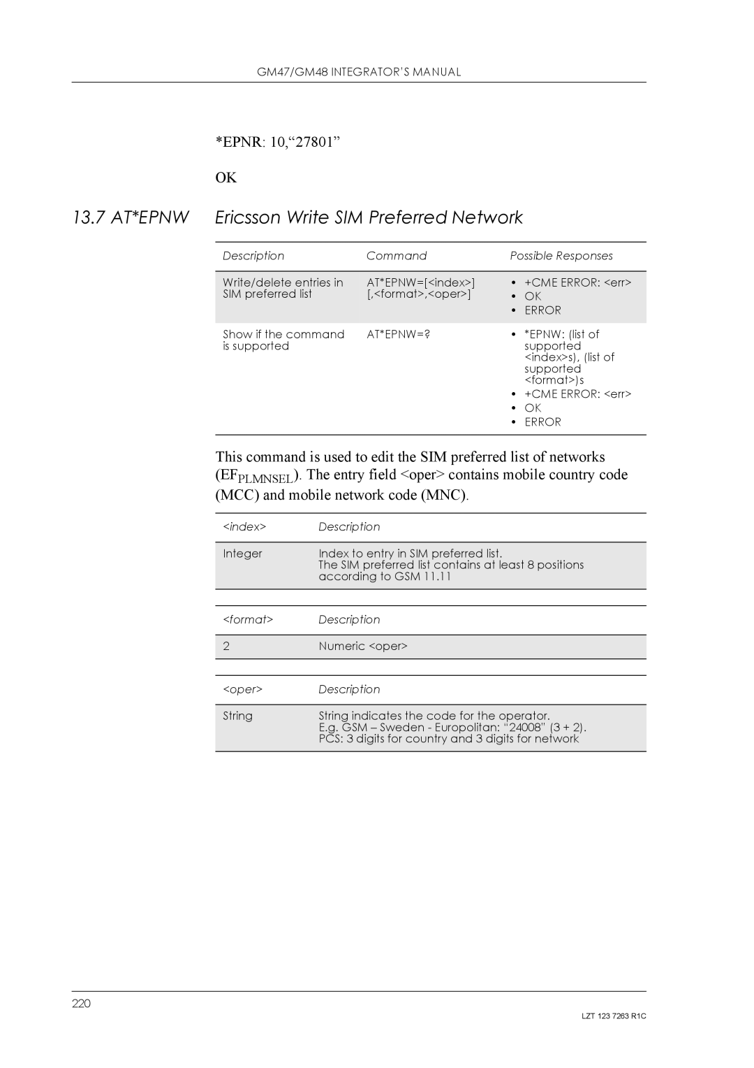 Sony Ericsson GM48, GM47 manual 13.7 AT*EPNW Ericsson Write SIM Preferred Network, Epnr 10,27801, At*Epnw=? 