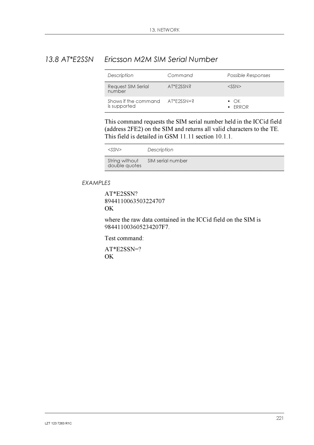 Sony Ericsson GM47, GM48 manual 13.8 AT*E2SSN Ericsson M2M SIM Serial Number, AT*E2SSN?, AT*E2SSN=?, Ssn 