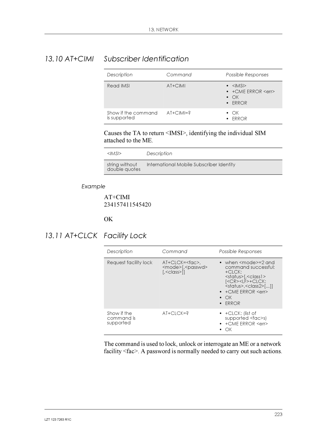 Sony Ericsson GM47, GM48 manual 13.10 AT+CIMI Subscriber Identification, 13.11 AT+CLCK, Attached to the ME, 234157411545420 