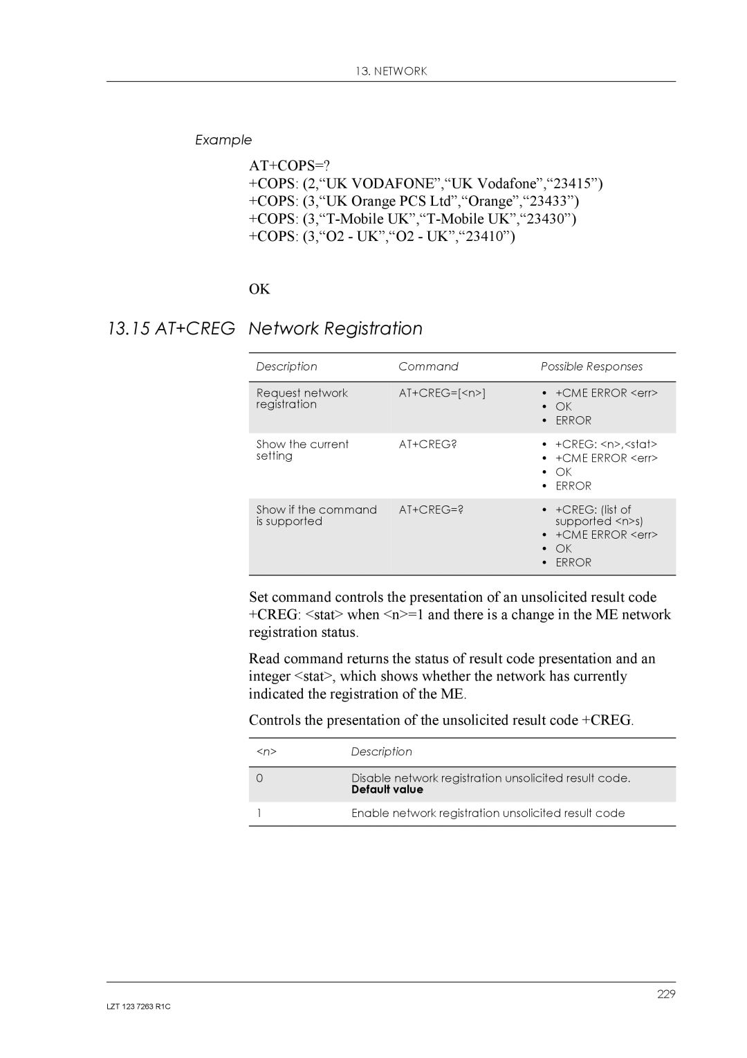 Sony Ericsson GM47, GM48 manual 13.15 AT+CREG Network Registration, At+Creg?, At+Creg=? 