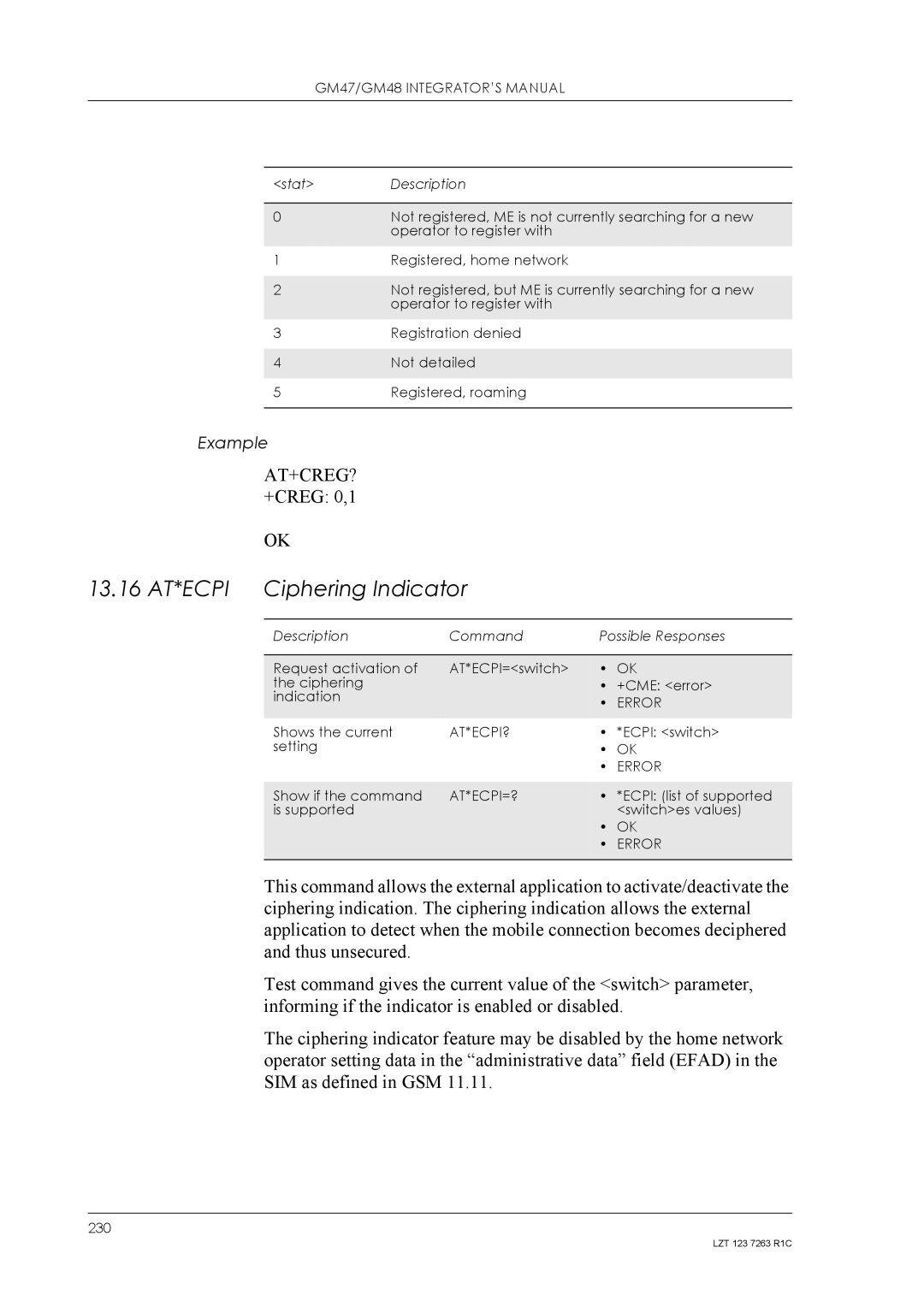 Sony Ericsson GM48, GM47 manual 13.16 AT*ECPI Ciphering Indicator, +CREG 0,1, At*Ecpi?, At*Ecpi=? 