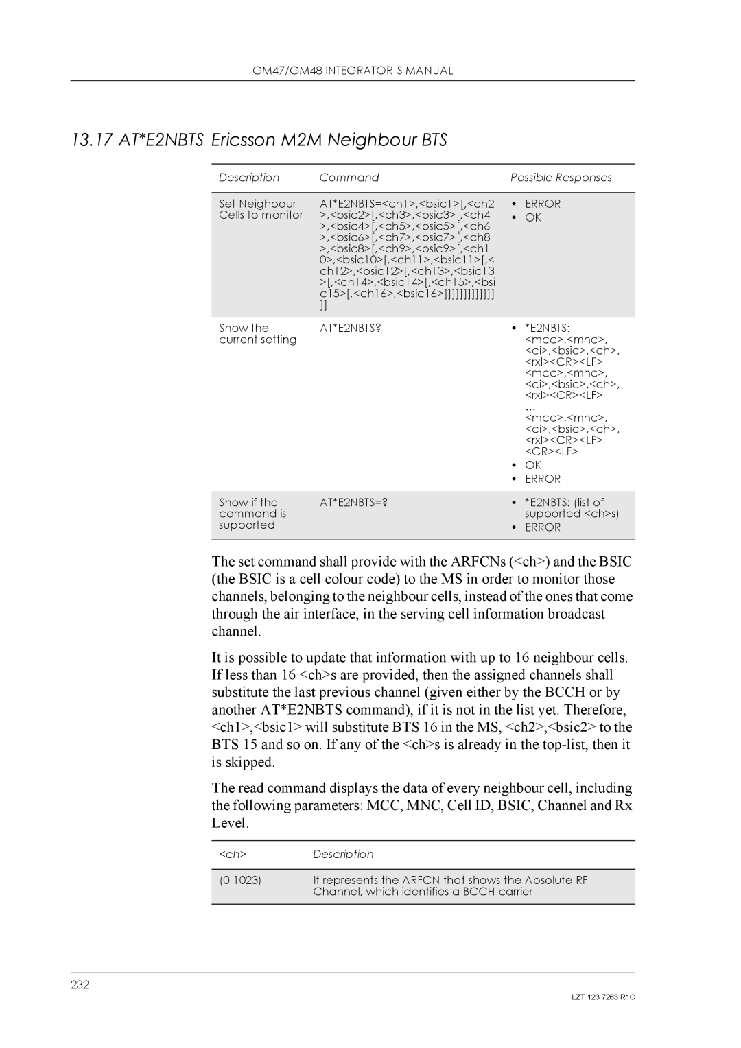 Sony Ericsson GM48, GM47 manual 13.17 AT*E2NBTS Ericsson M2M Neighbour BTS, AT*E2NBTS?, AT*E2NBTS=? 