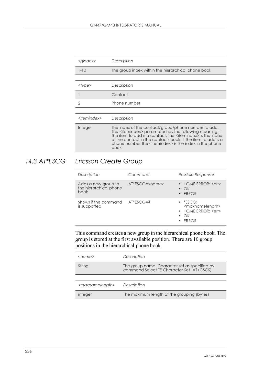 Sony Ericsson GM48, GM47 manual 14.3 AT*ESCG Ericsson Create Group, At*Escg=? 