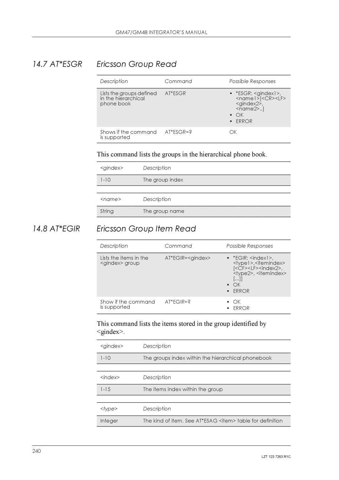 Sony Ericsson GM48, GM47 14.7 AT*ESGR Ericsson Group Read, 14.8 AT*EGIR Ericsson Group Item Read, At*Esgr=?, At*Egir=? 