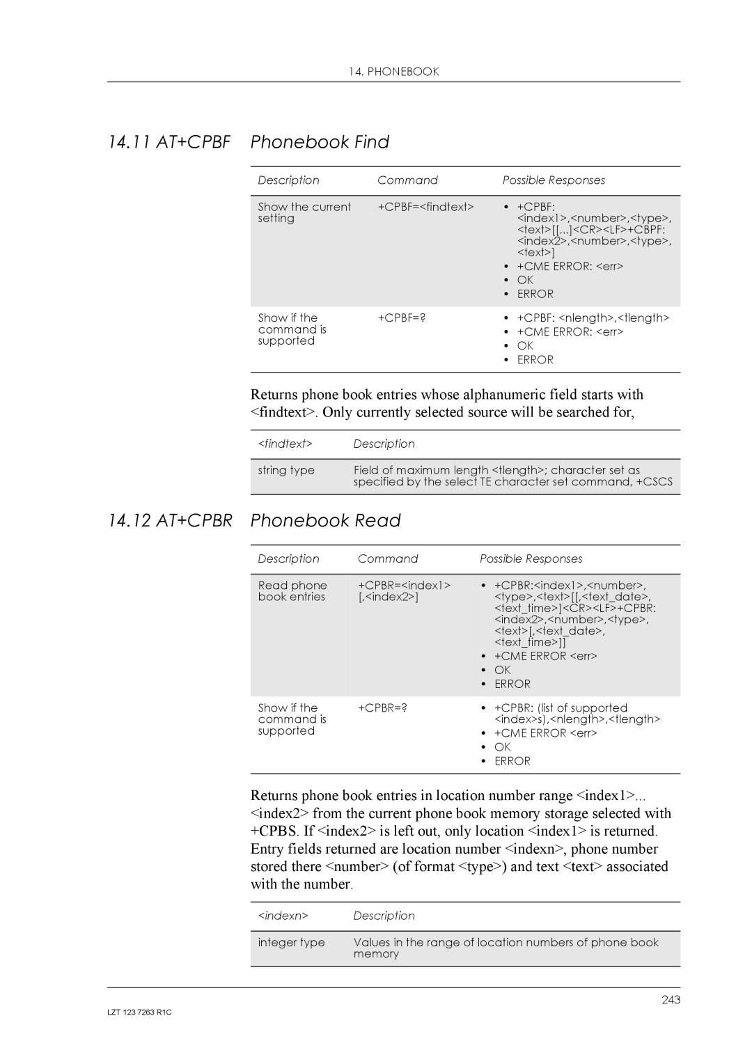 Sony Ericsson GM47, GM48 manual 14.11 AT+CPBF Phonebook Find, 14.12 AT+CPBR Phonebook Read, +Cpbf=?, +Cpbr=? 