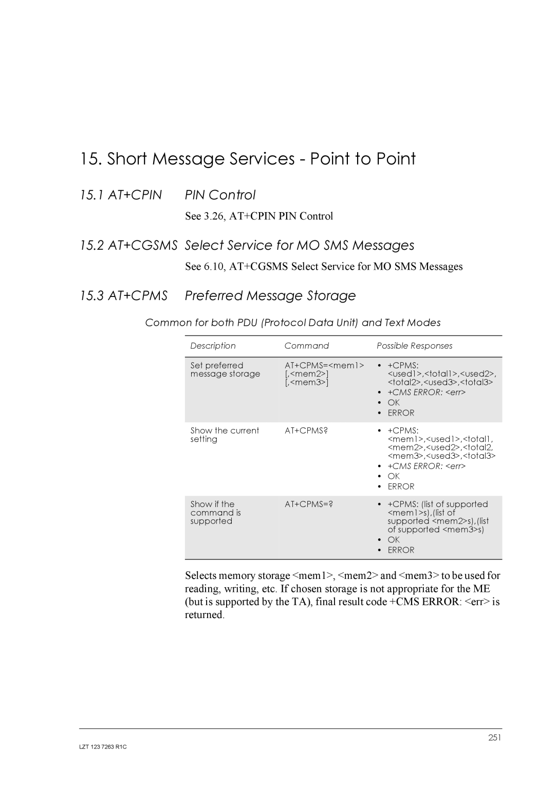 Sony Ericsson GM47 Short Message Services Point to Point, 15.1 AT+CPIN PIN Control, 15.3 AT+CPMS Preferred Message Storage 