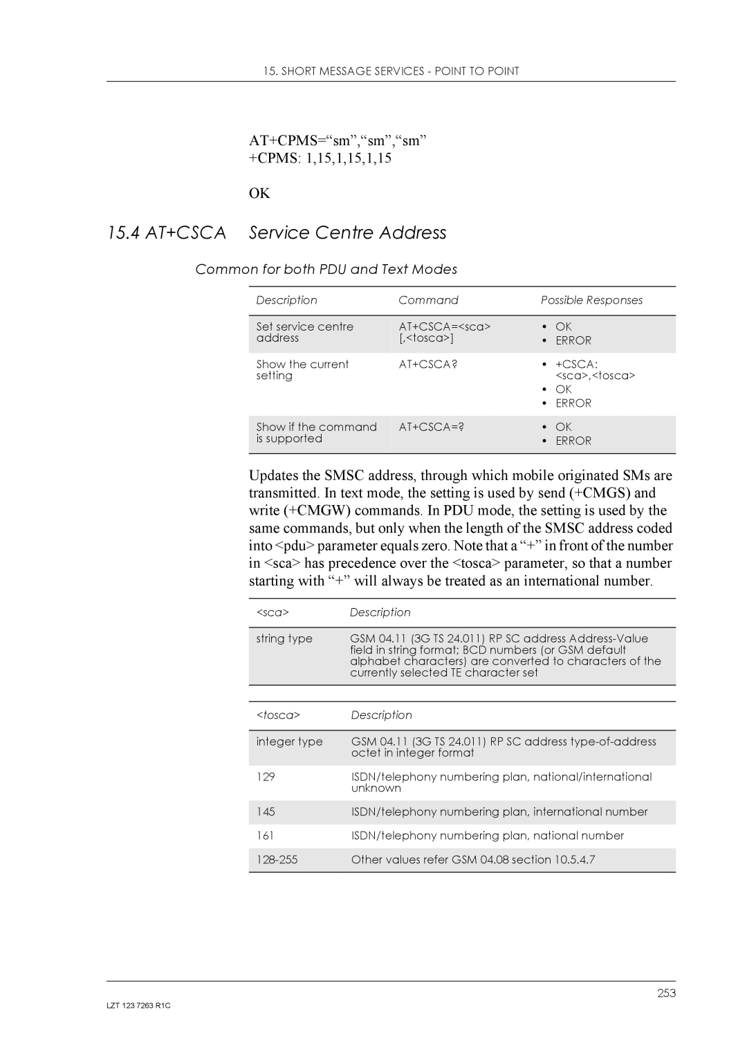 Sony Ericsson GM47, GM48 15.4 AT+CSCA Service Centre Address, AT+CPMS=sm,sm,sm +CPMS 1,15,1,15,1,15, At+Csca?, At+Csca=? 