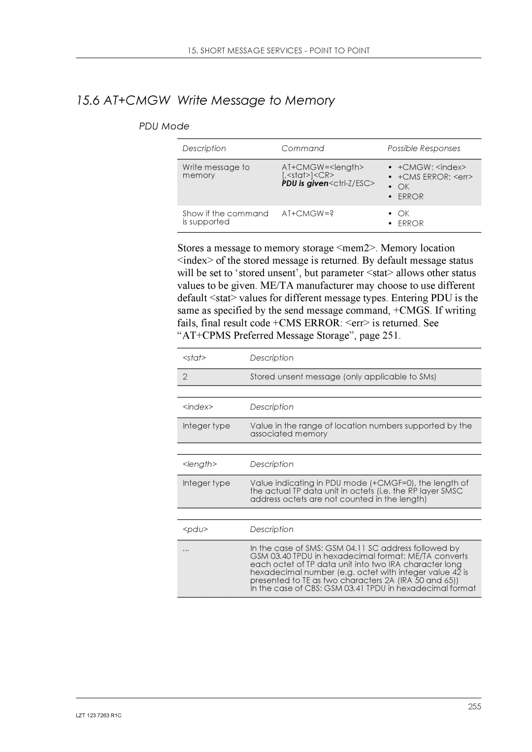 Sony Ericsson GM47, GM48 manual 15.6 AT+CMGW Write Message to Memory, At+Cmgw=? 