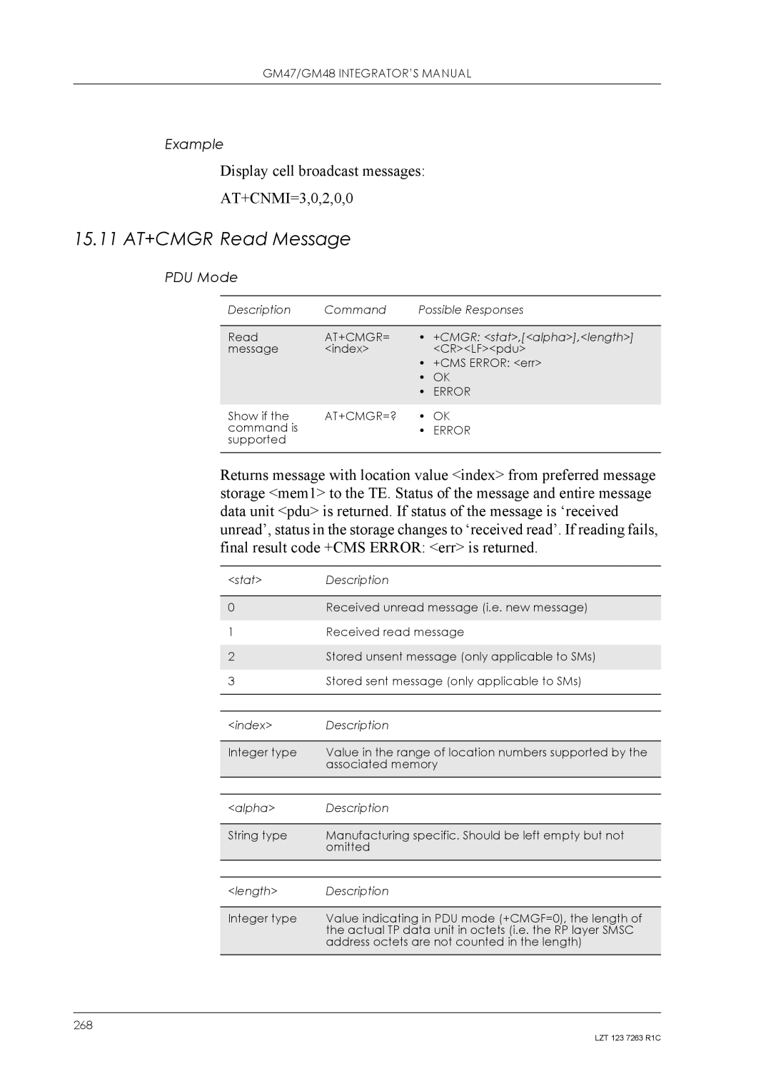 Sony Ericsson GM48, GM47 manual 15.11 AT+CMGR Read Message, Display cell broadcast messages AT+CNMI=3,0,2,0,0, At+Cmgr=? 