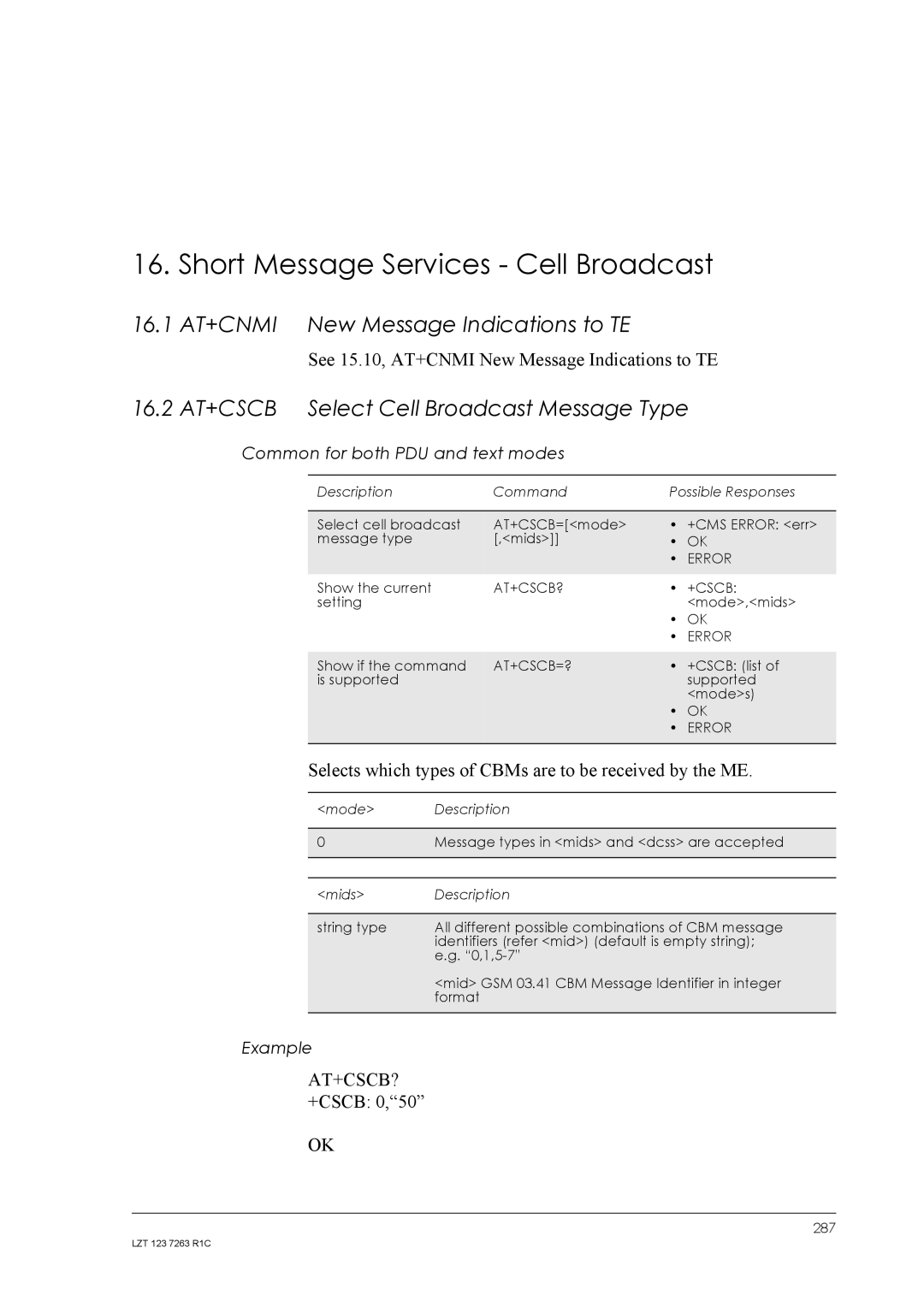 Sony Ericsson GM47, GM48 manual Short Message Services Cell Broadcast, 16.1 AT+CNMI New Message Indications to TE 