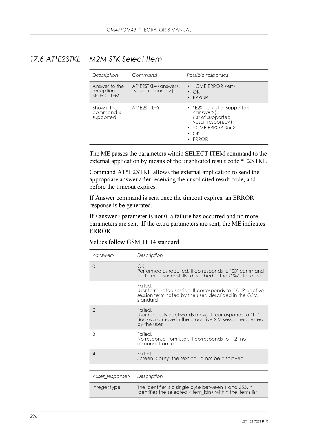 Sony Ericsson GM48, GM47 manual 17.6 AT*E2STKL M2M STK Select Item, Select Item Error, AT*E2STKL=? 