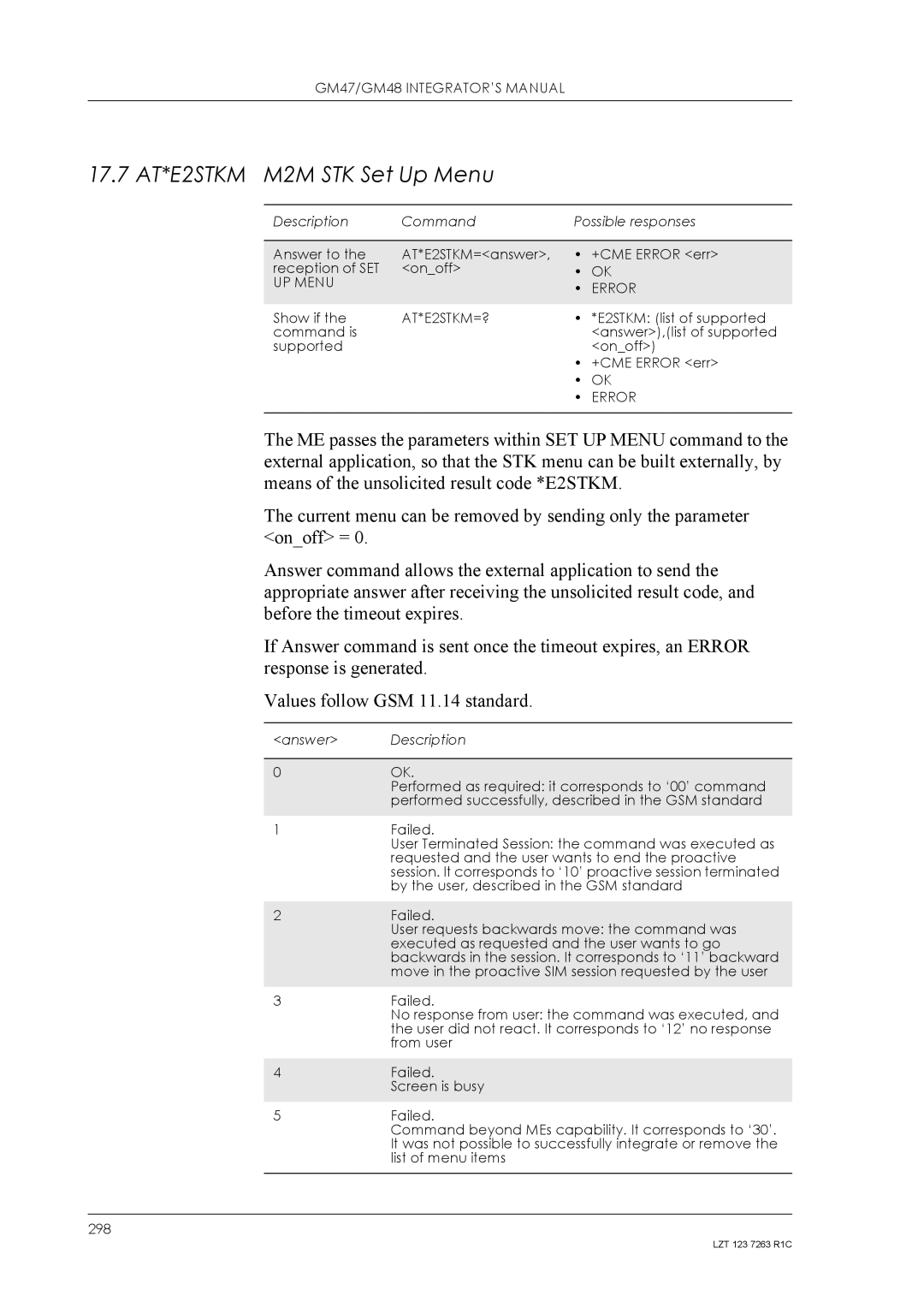 Sony Ericsson GM48, GM47 manual 17.7 AT*E2STKM M2M STK Set Up Menu, UP Menu Error, AT*E2STKM=? 